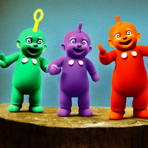 Prompt: A group of 4 Teletubbies, laughing as they use a knife to sacrifice a fellow Teletubby, on a stone table in the living room of an abandoned house. Highly detailed, rendered in unreal engine 5, daguerreotype portrait.