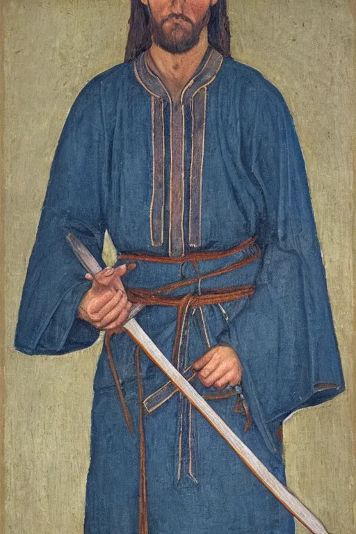 Image similar to slavic man in medieval clothes, fights with a sword, orthodox, oil painting, concept art, hyperrealism, beautiful, high resolution, trending on artstation, by annie swynnerton and nicholas roerich, embroidered robes, elaborate costume, geometric ornament, symbolist, soft colors, dramatic lighting, smooth, sharp focus, extremely detailed, two hands,