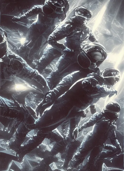 Image similar to astronauts in dark void underwater - complex and hyperdetailed technical suit. reflection and dispersion materials. rays and dispersion of light. volumetric light. f / 3 2. noise film photo. flash photography. ultra realistic, wide angle. poster by wayne barlowe, hajime sorayama aaron horkey, craig mullins