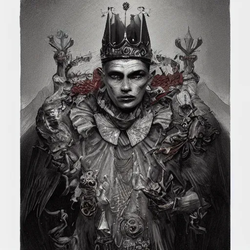 Prompt: King of Fools, With a Jesters crown, Wings lift him up, Roots hold him down, detailed intricate ink illustration, dark atmosphere, detailed illustration, hd, 4k, digital art, overdetailed art, concept art, by greg rutkowski, by loish, complementing colors, Trending on artstation, deviantart