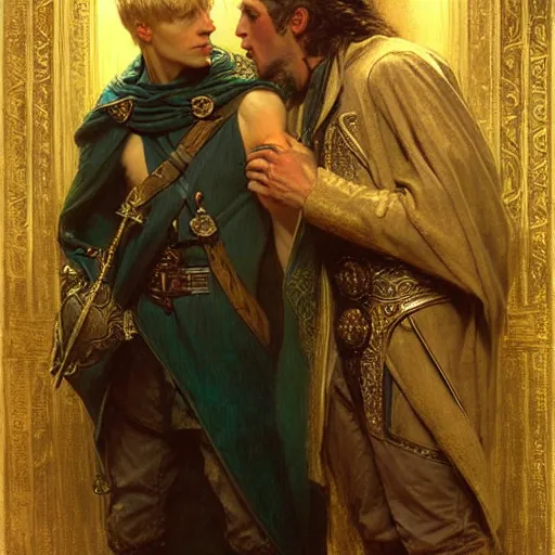 Image similar to stunning arthur pendragon in love with stunning male merlin the mage. they are close to each other. highly detailed painting by gaston bussiere, craig mullins, j. c. leyendecker