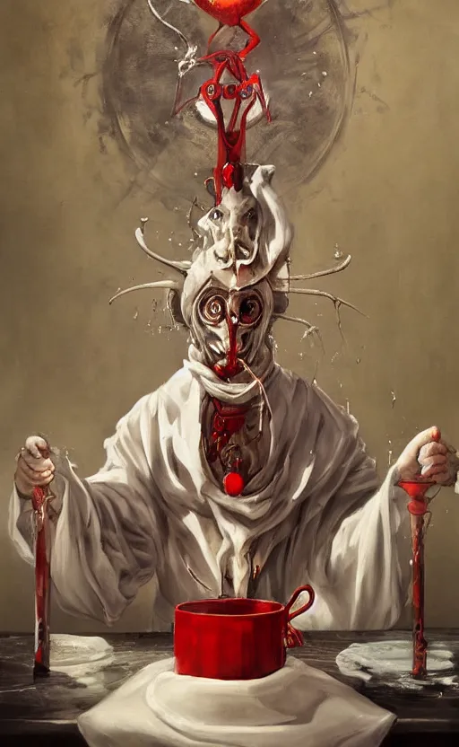 Image similar to a painting of a white robed magician behind a table, hands gesture as above so below, red mantle cup, sword, pentacle, wand, a surrealist painting by marco mazzoni, peter mohrbacher, nychos, cgsociety, neo - figurative, detailed painting, rococo, oil on canvas, seapunk, biomorphic, lovecraftian