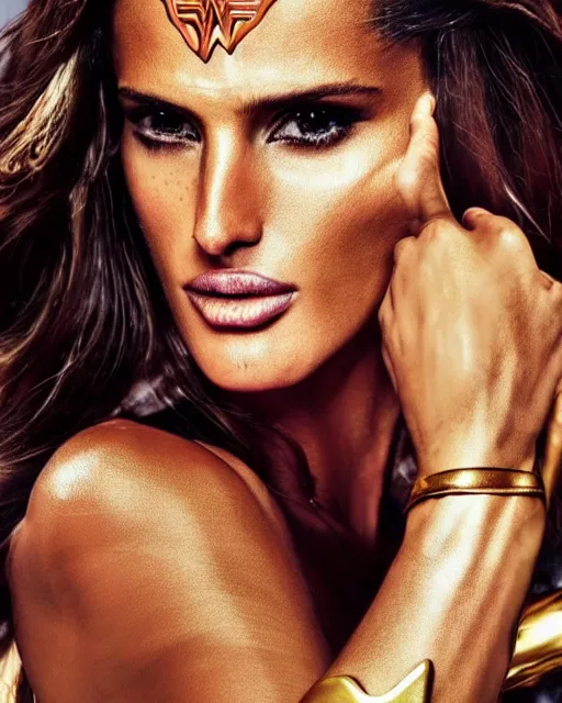 Image similar to photoshoot of model izabel goulart as wonder woman, hyperreal, studio lighting, photography in the style of mario testino