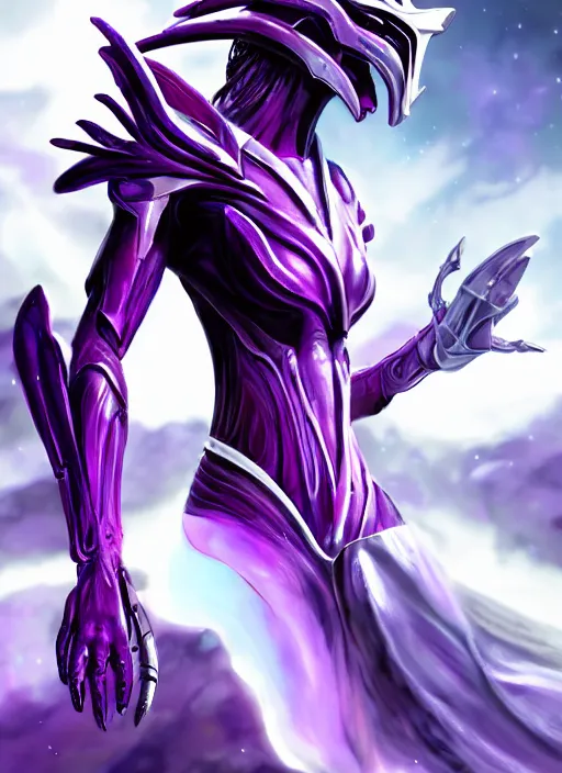 Image similar to cinematic close shot, galactic sized goddess, proportional stunning beautiful hot female warframe, detailed sleek cyborg female dragon head, metal ears, sleek purple eyes, sleek silver armor, smooth fuschia skin, floating in space, holding a planet, epic proportions, epic size, epic scale, furry art, dragon art, giantess art, warframe fanart, furaffinity, deviantart