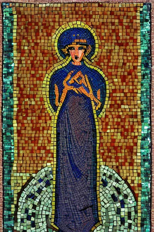 Prompt: Byzantine cyberpunk goddess, symmetrical, mosaic, felt