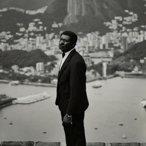 Image similar to vintage photo of a black man wearing a black suit in rio de janeiro