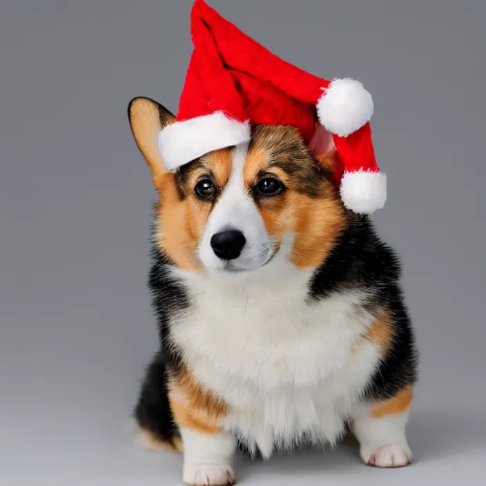 Prompt: cute corgi puppy dog wearing a christmas hat by koson ohara with a transparent background