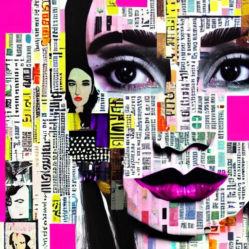 Prompt: a beautiful aesthetic!!! pop art collage! portrait of a depressed girl, made in a magazine clipping collage style, cutout, clippings of a fashion magazine, made by a depressed art student