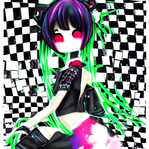 Prompt: emo anime girl, scene, rainbowcore, vhs monster high, glitchcore witchcore, checkered spiked hair, pixiv