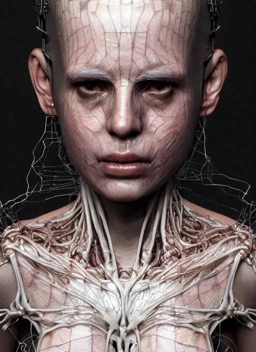 Image similar to 3 / 4 portrait, queen, crown, translucent skin, visible muscle and bones and veins and nerves, hyperrealism, detailed textures, photorealistic, 3 d cyberpunk apocalyptic city, futuristic clothing and helmet, ultra realistic, cinematic, intricate, cinematic light, unreal engine 8 k, octane render, unreal engine by david kostic and stanley lau and artgerm