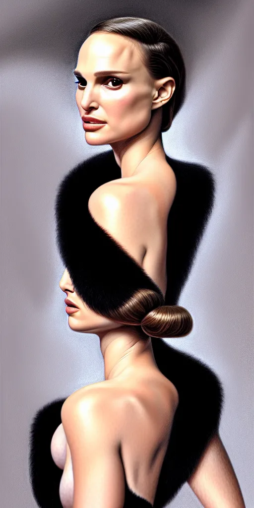 Image similar to Natalie Portman, wearing an evening gown, alexander mcqueen couture, very detailed portrait, ultrarealistic, dramatic lighting, electrical details, high details, 4k, 8k, best, accurate, trending on artstation, fur, artstation, photorealism, ultrarealistic, digital painting, style of Dali, Caravaggio, Boris Vallejo