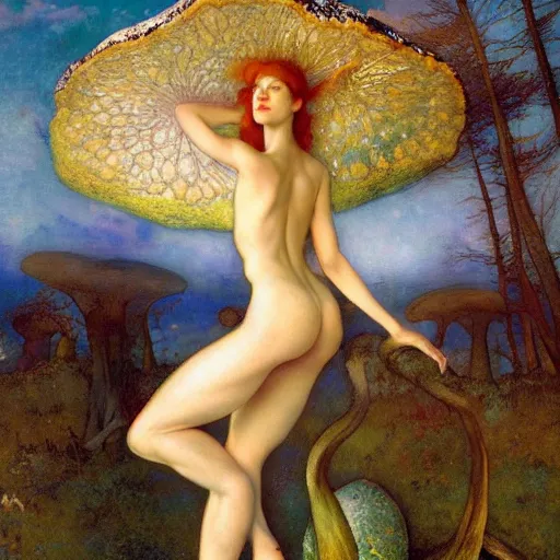 Image similar to masterpiece full body portrait of a fairy woman with a perfect body dancing atop a giant amanita muscaria mushroom cap, by Edgar Maxence and Ross Tran and Michael Whelan and Gustav Klimpt