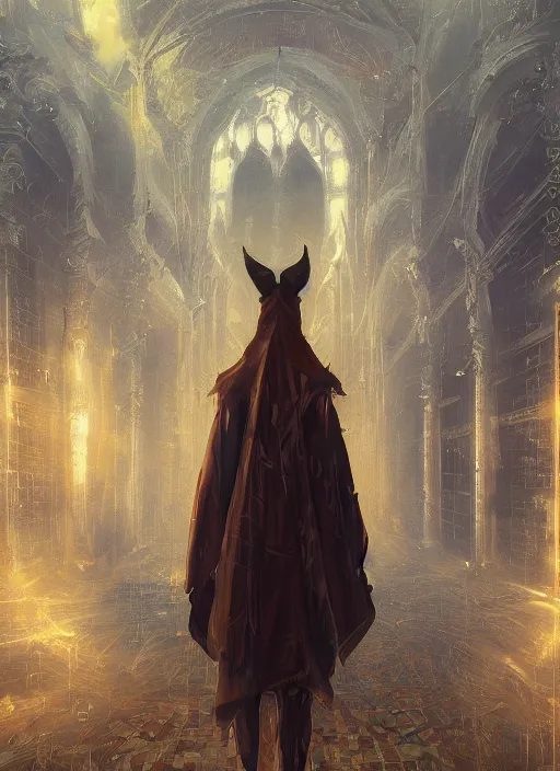 Image similar to surrealistic portrait of anthropomorphic caracal in golden priest clothes wearing vr in orthodox church, bokeh, foggy, dynamic lighting, darkness, ambients, dramatic, foggy, heavy bokeh and blur, cinematic, depth of field, art by bussiere rutkowski andreas rocha