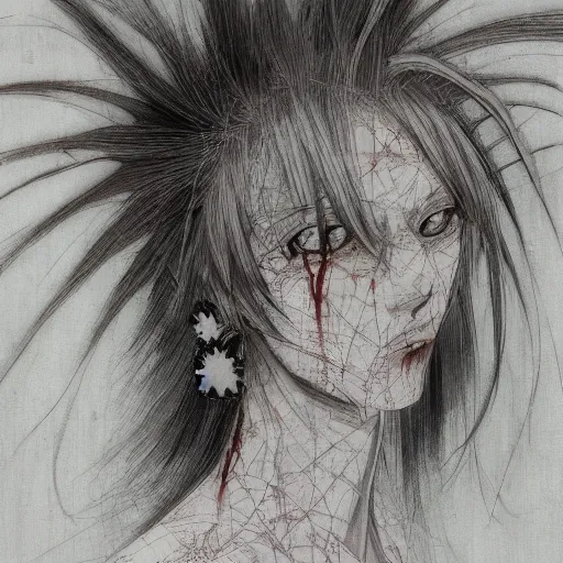 Image similar to yoshitaka amano blurry realistic illustration of an anime girl with white hair and cracks on her face wearing dress suit with tie fluttering in the wind, abstract black and white patterns on the background, upside down cross earring, noisy film grain effect, highly detailed, renaissance oil painting, weird portrait angle