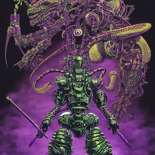 Prompt: dark robotic cowboy snake alligator alchemist salesman, by yoichi hatakenaka, masamune shirow, josan gonzales and dan mumford, ayami kojima, takato yamamoto, barclay shaw, karol bak, purple green color scheme, unco brand battle mech