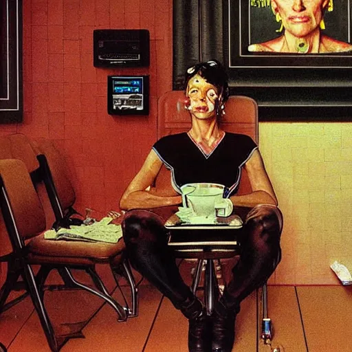 Image similar to Transhuman, cyborg, drinking coffee in a wood paneled living room, 1970s living room, art by Norman Rockwell