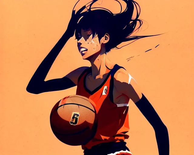 Image similar to a ultradetailed beautiful panting of a stylish woman dribbling a basketball, by conrad roset, greg rutkowski and makoto shinkai, trending on artstation