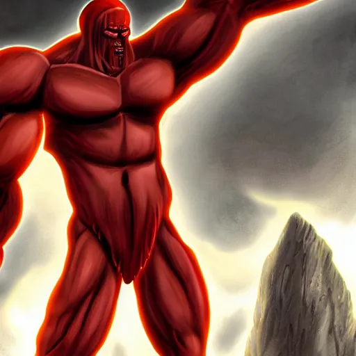 Prompt: colossus titan red and fire