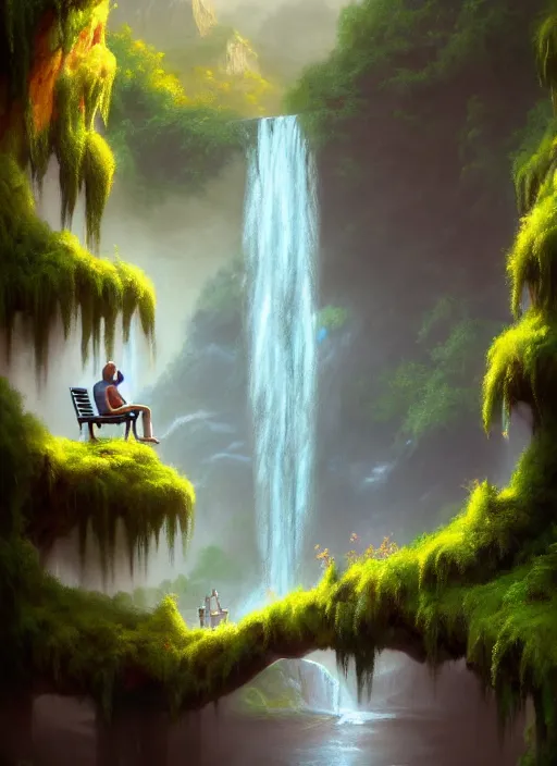 Image similar to a painting of a waterfall with a person sitting on a bench, a detailed matte painting by tyler edlin, artstation, fantasy art, matte painting, 2 d game art, deviantart hd