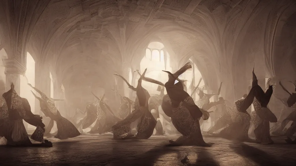 Image similar to tyrkisk sufi dance, sufi, arabic words, bysintine, gothic, 4 k, smokey, michael whelan, peter mohrbache, giovanni paolo panini style epic, volumetric light, insanely detailed, realistic, 8 k, unreal engine render, artstation trends, hyper detail, epic art style, cinematic, concept art, soft white gold lights