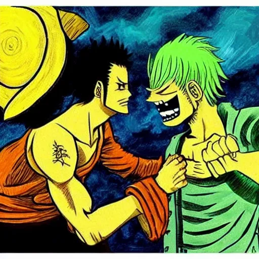 Prompt: zoro vs sanji, one piece fight, in the style of vincent van gogh