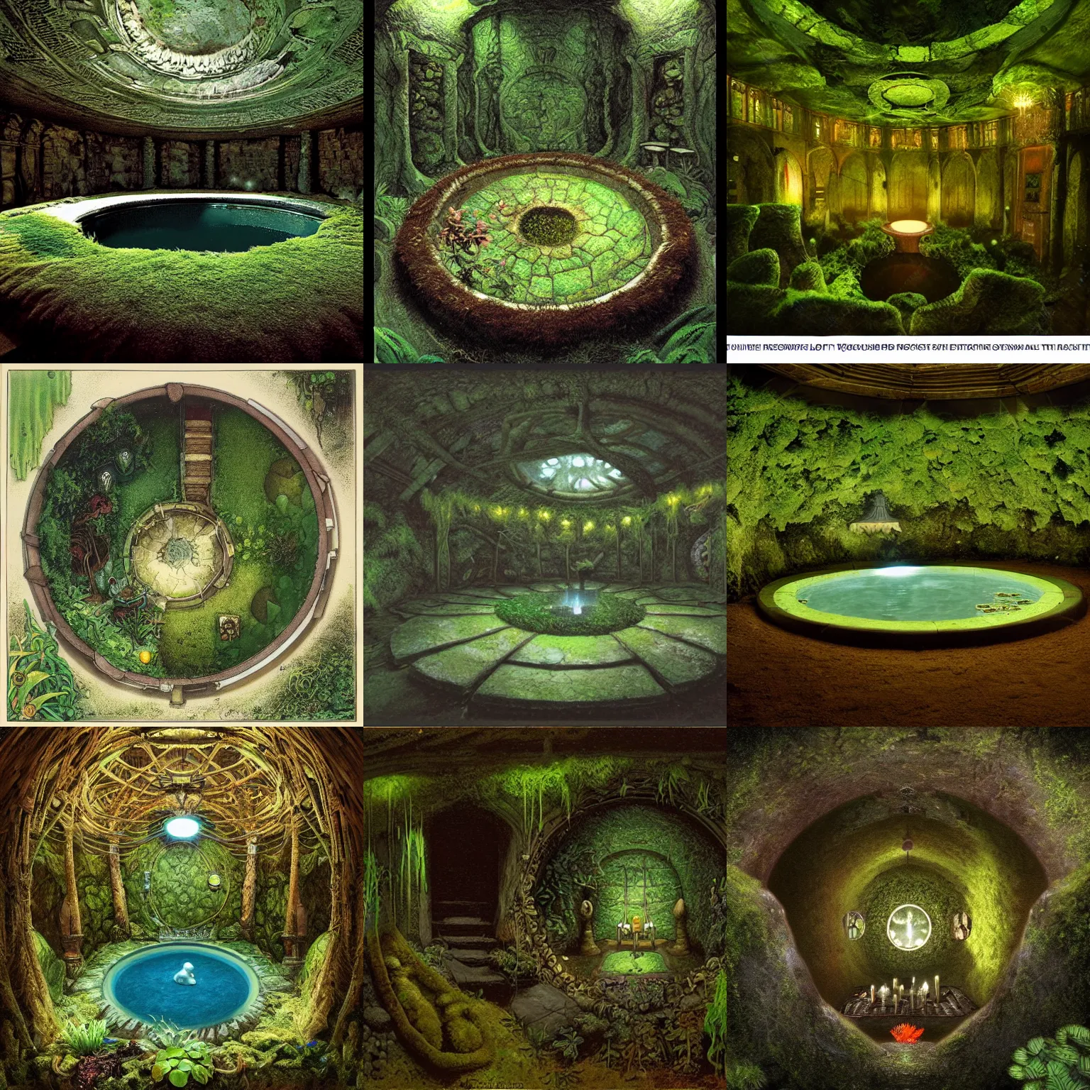 Prompt: underground room, round glowing pool in the centre, earth walls with mosses and ferns, damp, dark, gothic by rutkowski and brian froud