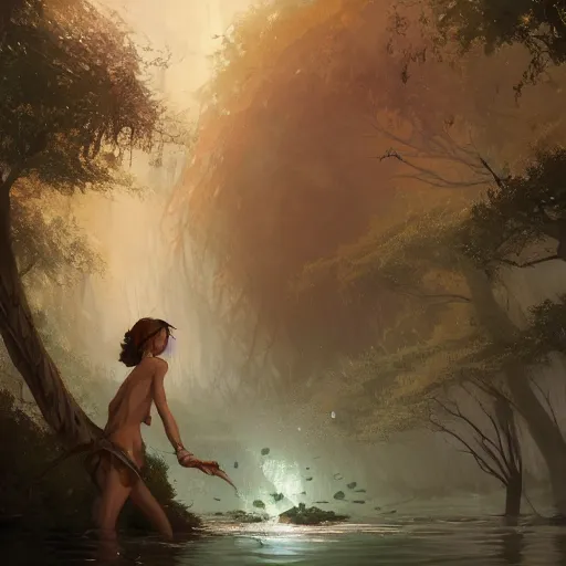 Prompt: forest nymph rising from the water. view from behind, wide angle view, back view. nuri iyem, james gurney, james jean, greg rutkowski, anato finnstark. trending on artstation, starlight, and enchanted dreams. fantasy rpg concept art