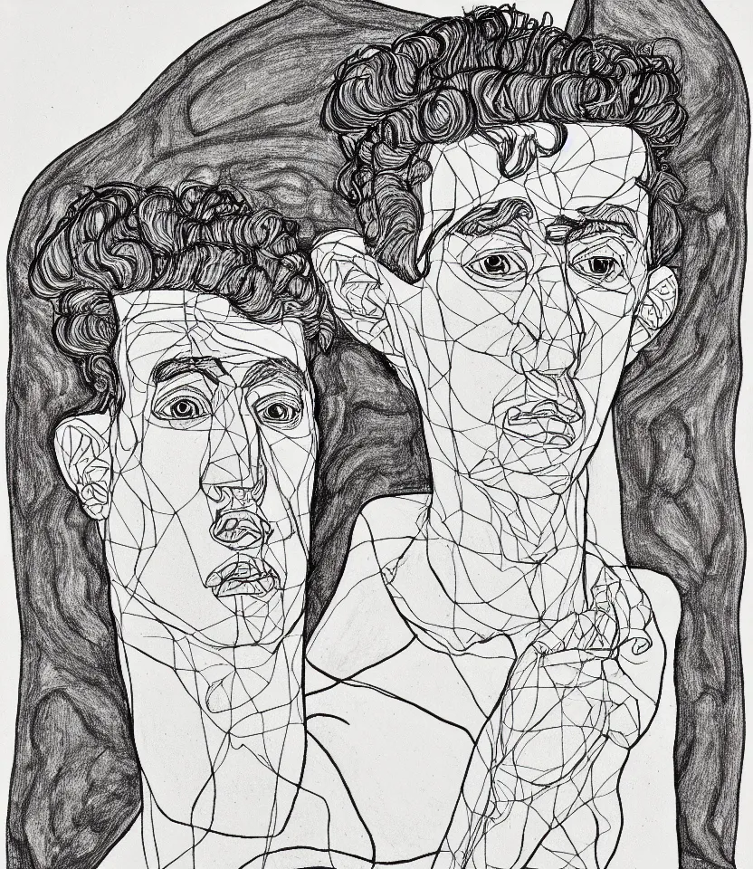 Prompt: detailed line art portrait of johannes eckehart, inspired by egon schiele. caricatural, minimalist, bold contour lines, musicality, soft twirls curls and curves, confident personality, raw emotion