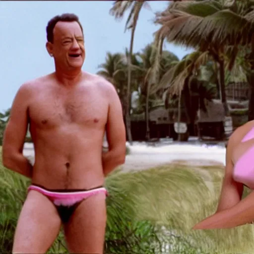 Image similar to tom hanks wearing a pink bikini rinsing himself off in the beach shower, bystanders watching intently, high resolution photograph,