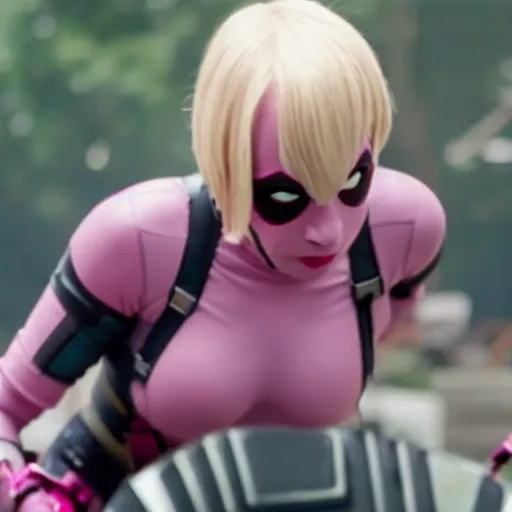 Prompt: A still of Gwenpool in Deadpool 3 (2023), no mask, blonde hair with dark pink highlights, normal-looking eyes