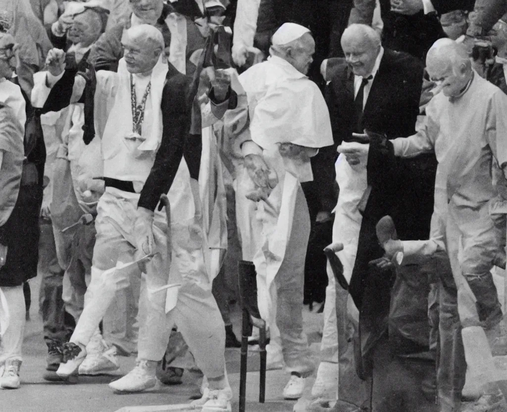 Image similar to press photograph of john paul ii wearing jordan 1 sneakers