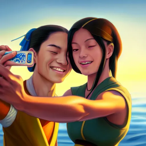 Image similar to beautiful serene intricate portrait of katara and toph beifong taking a selfie, smiling softly, relaxing on the beach, golden hour, soft focus, 8 k, art by irakli nadar, hyperrealism, hyperdetailed, ultra realistic