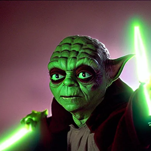 Prompt: yoda as evil sith lord evil darth sidious. lightning coming from fingertips.