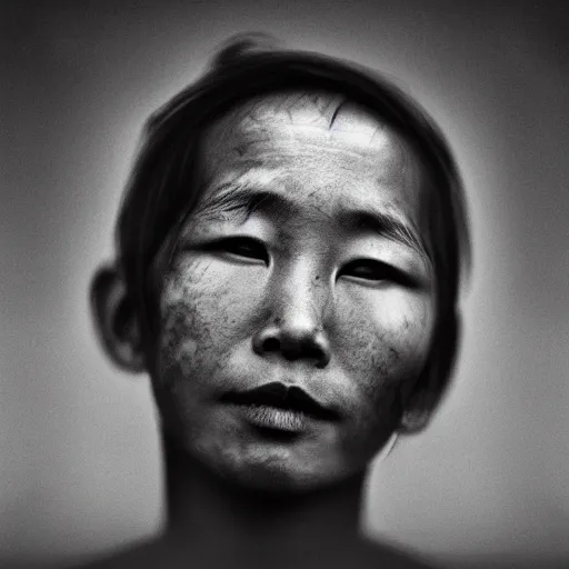 Prompt: Award winning editorial portrait of a young asian by Edward Sherriff Curtis an Lee Jeffries, 85mm ND5, perfect lighting, gelatin silver process