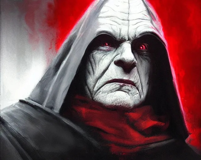 Prompt: portrait of emperor palpatine sidious ian mcdiarmid with a big hood in shades of grey but with red by jeremy mann