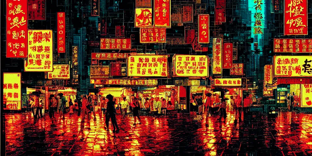 Image similar to artwork of a hong kong street, wong kar - wai, by dan mumford and toshi yoshida and peter doig, vintage scifi, highly detailed, dramatic lighting, 8 k