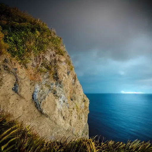 Image similar to micro - hurricane, blue hour, early night, deep blue atmosphere, scattered islands, sea, ocean, low pressure system, cloud with eye, very windy, late evening, distant hotel retreat on cliffside, shining lights on cliff side, polaroid photograph