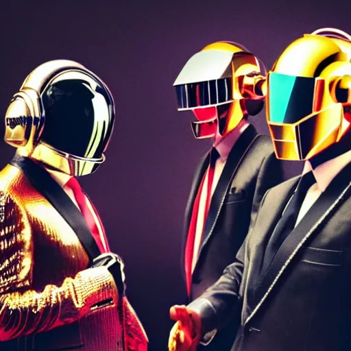 Image similar to a photo of a parade of people dressed in Daft Punk Helmets and Daft Punk Suits, 8k, dramatic lighting