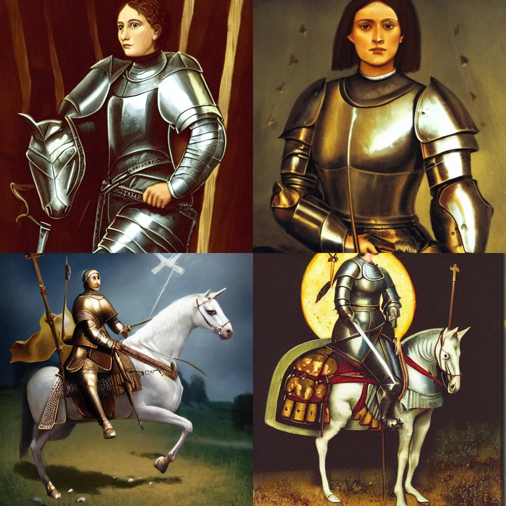 Prompt: High quality photo of Joan of Arc, in a suit of armour, with her horse