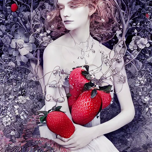 Image similar to the portrait of an absurdly beautiful, graceful, elegant, sophisticated, fashionable young woman made of strawberries and white petals with tears, an ultrafine hyperdetailed illustration by kim jung gi, irakli nadar, intricate linework, bright colors, octopath traveler, final fantasy, unreal engine 5 highly rendered, global illumination, radiant light, detailed and intricate environment