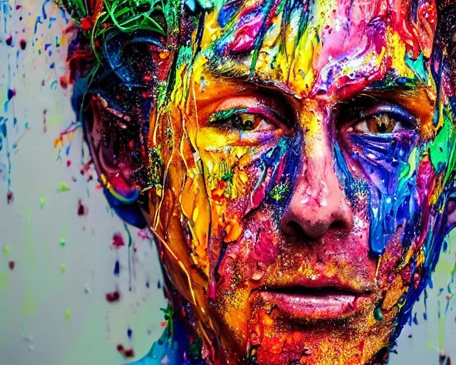 Image similar to still shot close up footage of the portrait of a human head made of acrylic pour and splashing paint and paint explosion and dripping paint and flying paint chunk, motion blur, hyperrealistic, medical, intricate art photography, anatomically correct, realistic crisp textures, 1 6 k