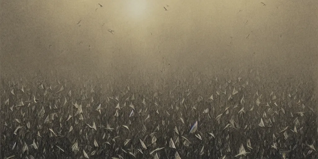 Image similar to many small birds, shining light, rays of light, by beksinski, shining light, high clouds, towers, Award winning, pencil drawing, masterpiece, detailed illustration