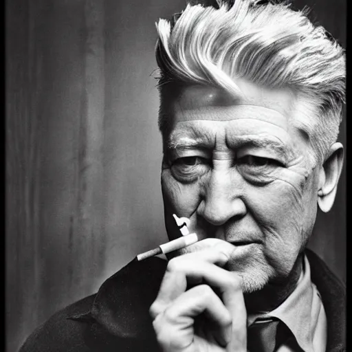 Image similar to woodcutting of david lynch smoking a cigarette, black and white