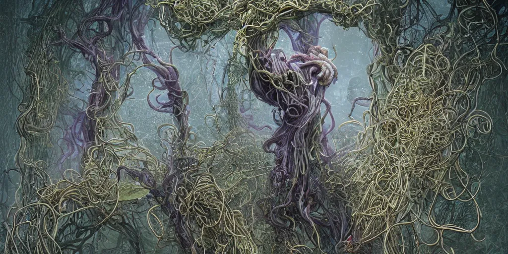 Image similar to centered horrifying detailed view profile portrait of an insane, crazed, mad spaghetti monster, dunwitch horror, ornate spaghetti strings growing around, elegant, tentacles, vines, beautifully soft lit, full frame, 8 k, by wayne barlowe, peter mohrbacher, kelly mckernan, h r ginger