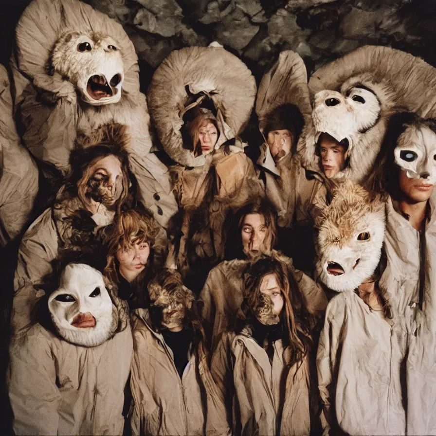 Image similar to cult members with taxidermic moth masks and black peak hood in a spiral tunnel, cinestill 8 0 0 t 3 5 mm, heavy grain, high quality, high detail