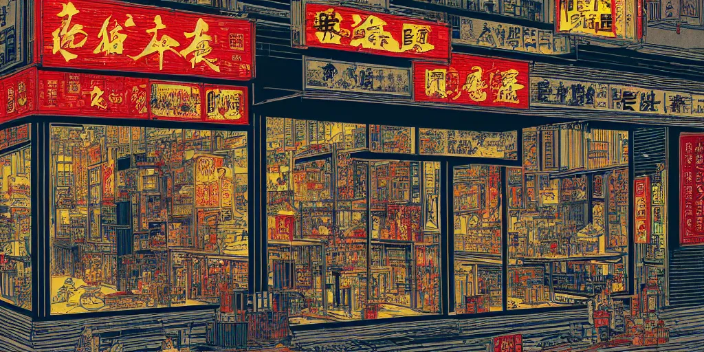 Image similar to a shop window in hong kong, by dan mumford and peter doig and edward hopper, minimal, black ink, thick lines, highly detailed, muted colours, overlaid with chinese adverts, 8 k