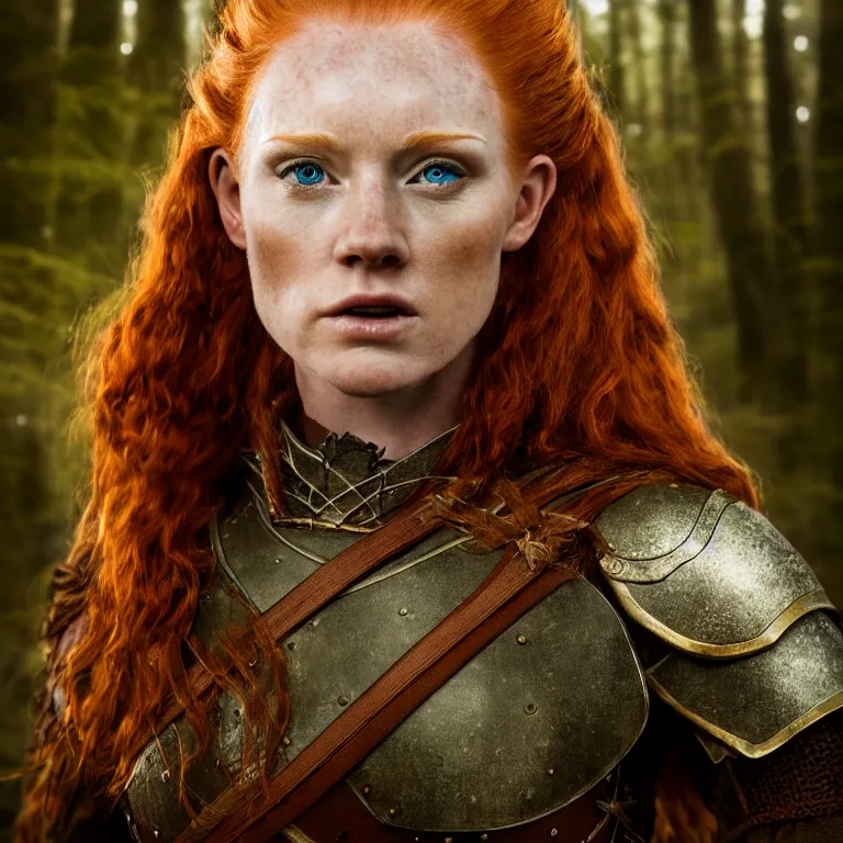 Image similar to 5 5 mm portrait photo of an armored handsome well - built female warrior, red hair, ginger hair, in a magical forest in the style of lord of the rings, highly detailed 8 k. intricate. lifelike. soft light. nikon d 8 5 0. cinematic post - processing