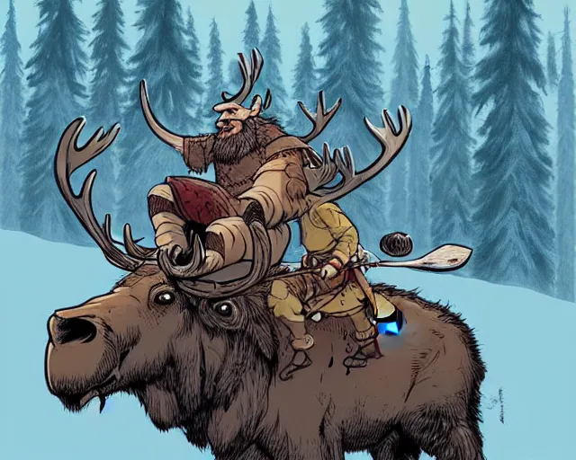 Prompt: cell shaded cartoon of a hairy chebo viking riding a moose, snowy forest, subtle colors, post grunge, concept art by josan gonzales and wlop, by james jean, victo ngai, david rubin, mike mignola, deviantart, art by artgem