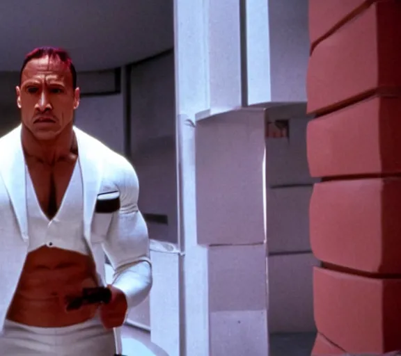 Image similar to dwayne johnson in a clockwork orange, white clothes, movie still, shot by stanley kubrick