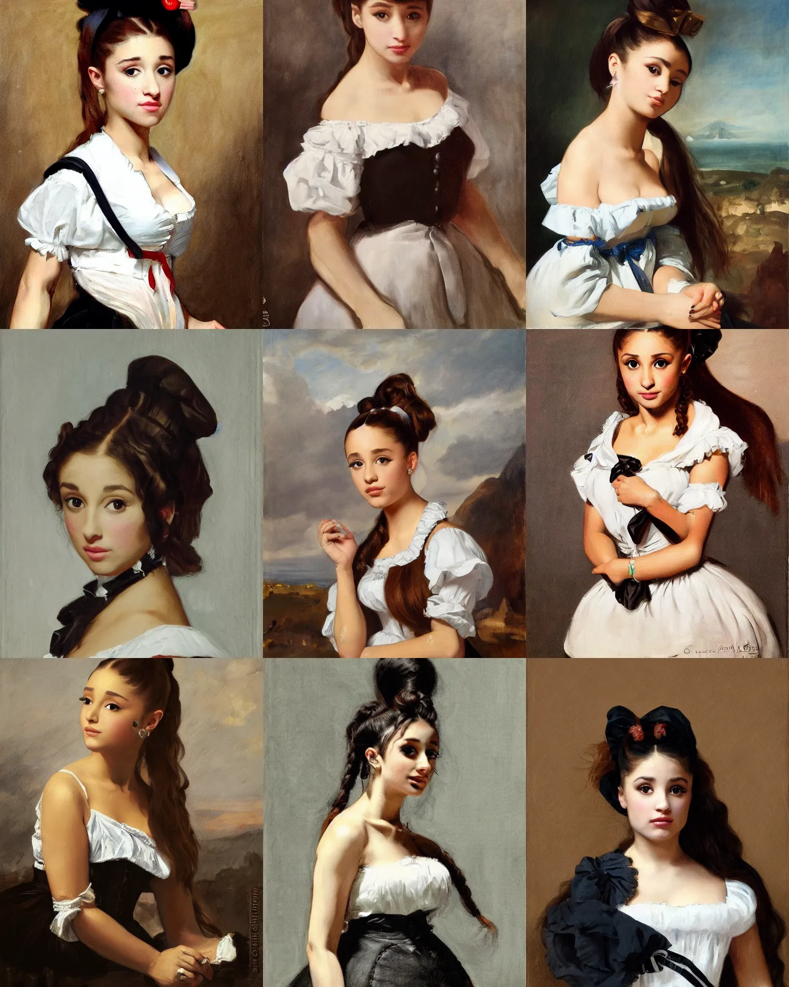 Prompt: a portrait of Ariana Grande as a french maid, art by by Joseph Karl Stieler and Théodore Gericault and Eugène Delacroix, highly detailed, trending on artstationhq